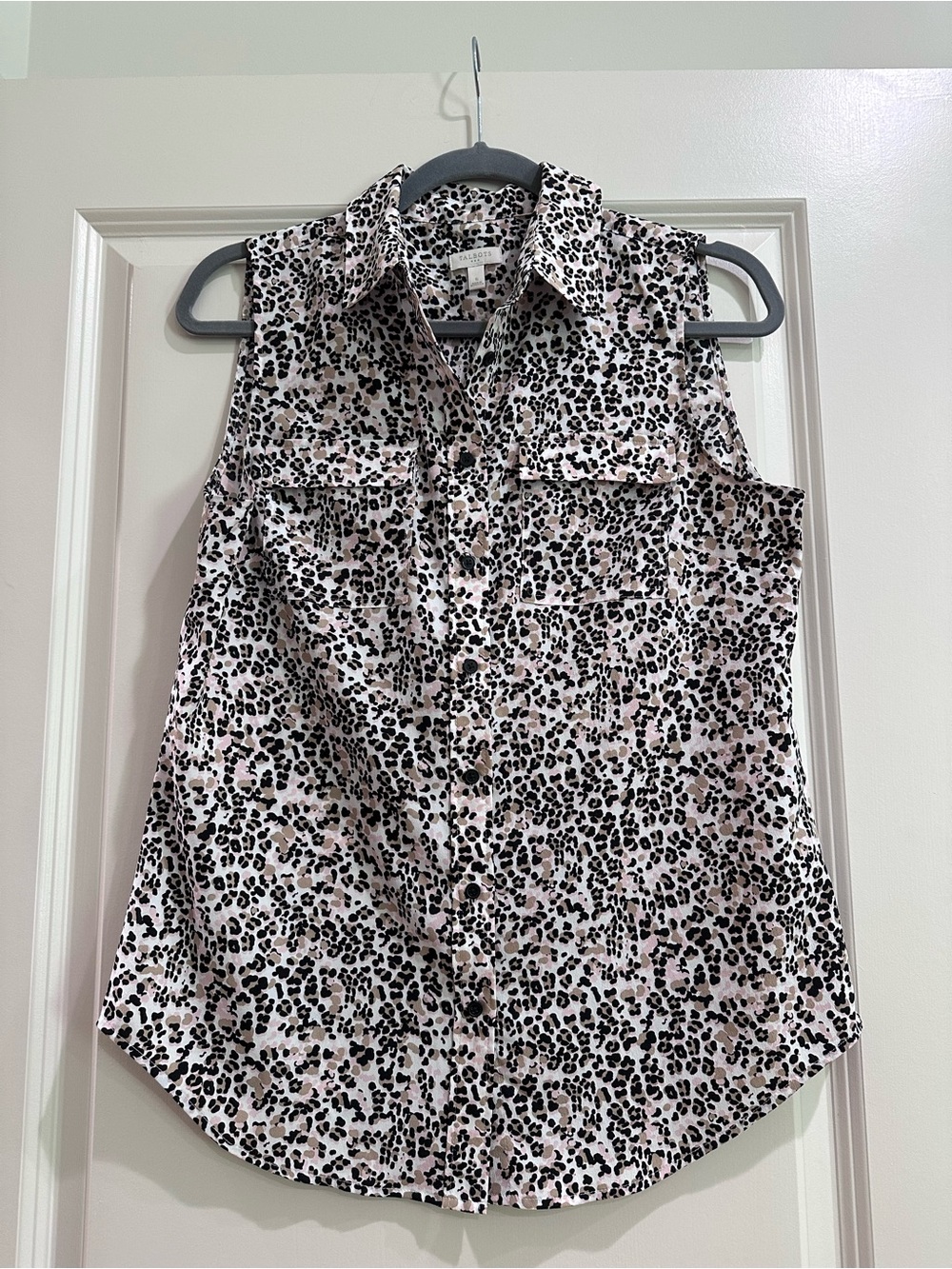 Talbots Pink and Black Leopard Print Sleeveless Button-Down Shirt